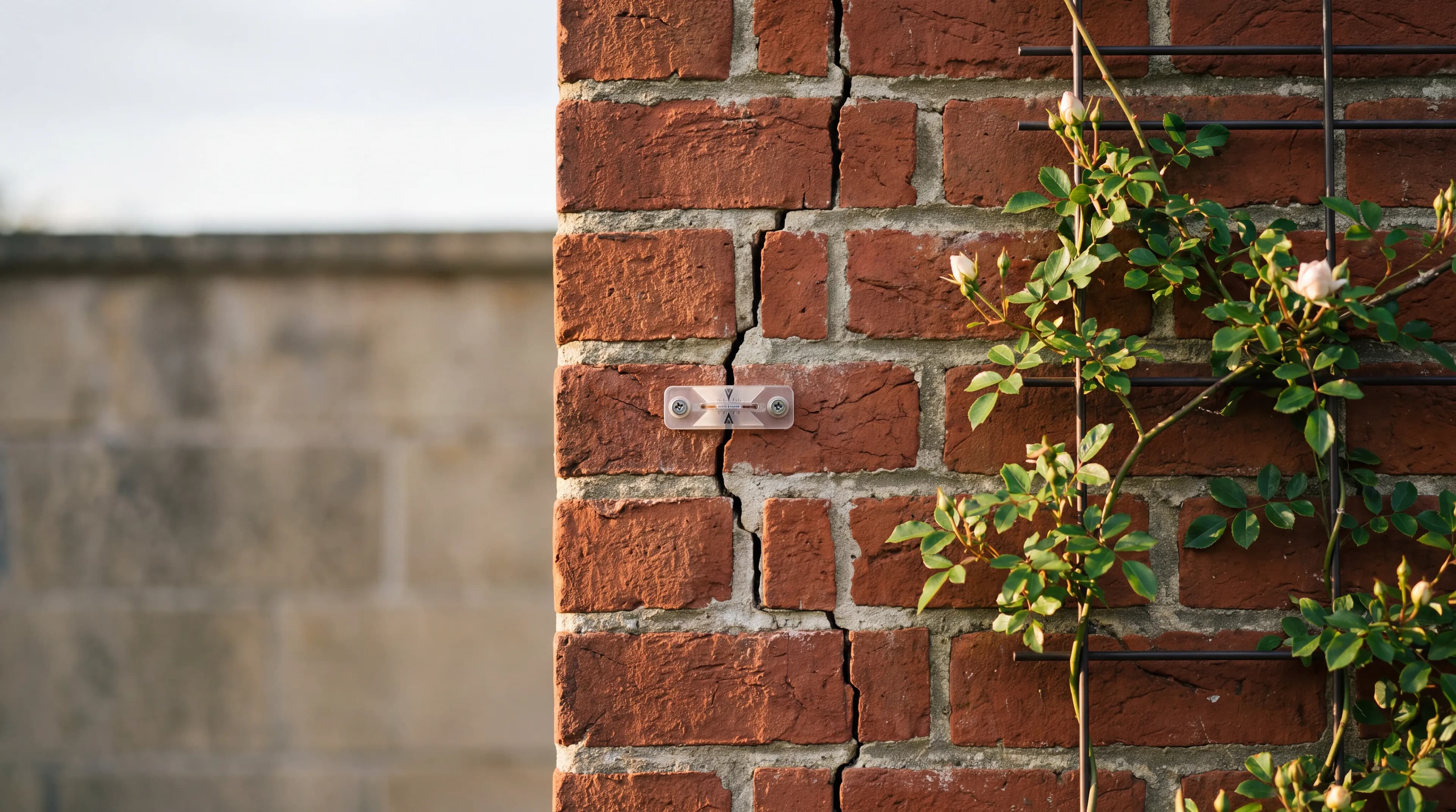 Stepped cracking through the mortar joints of a brick wall.