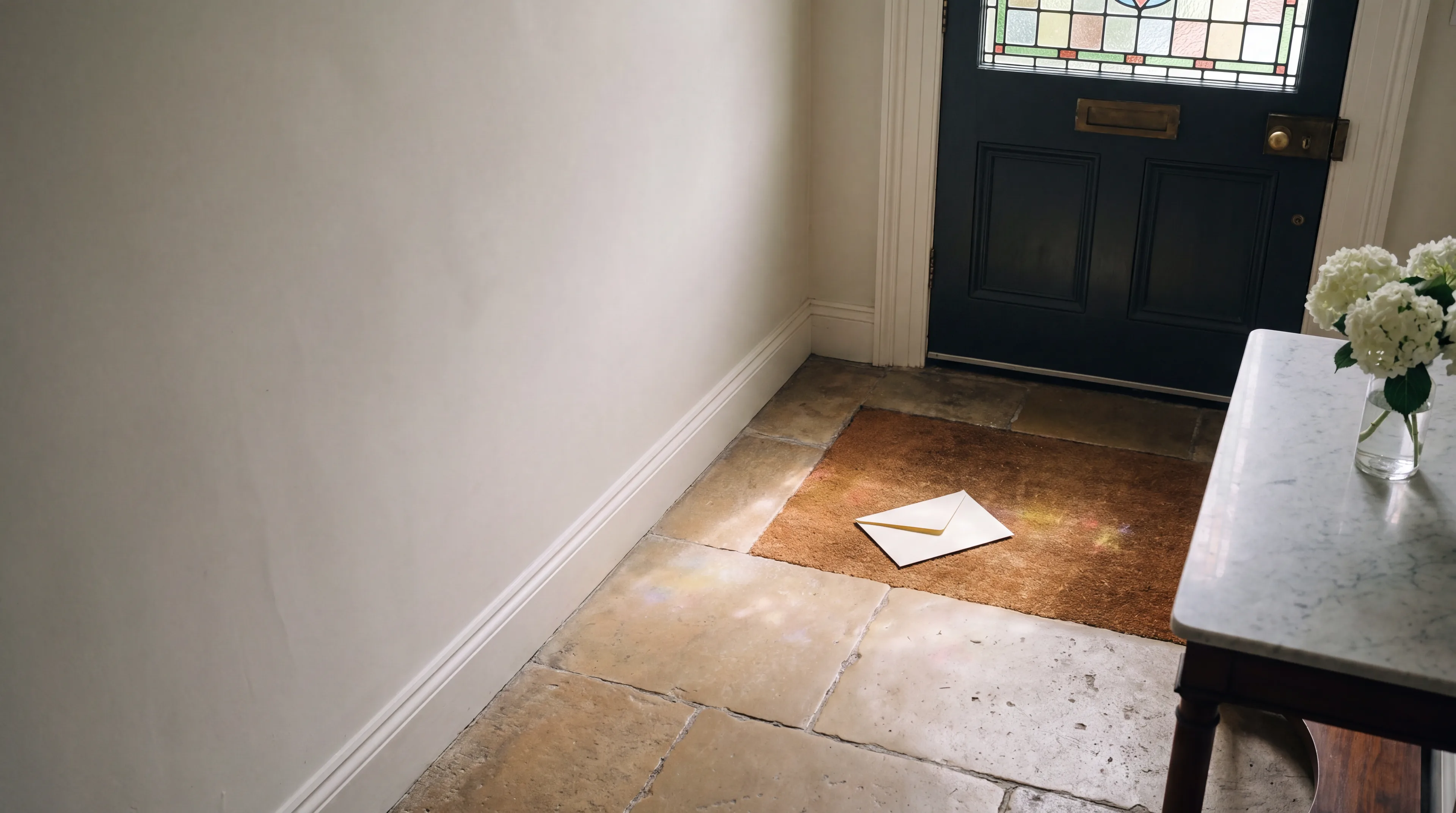 A party wall notice on a doormat inside a front door.