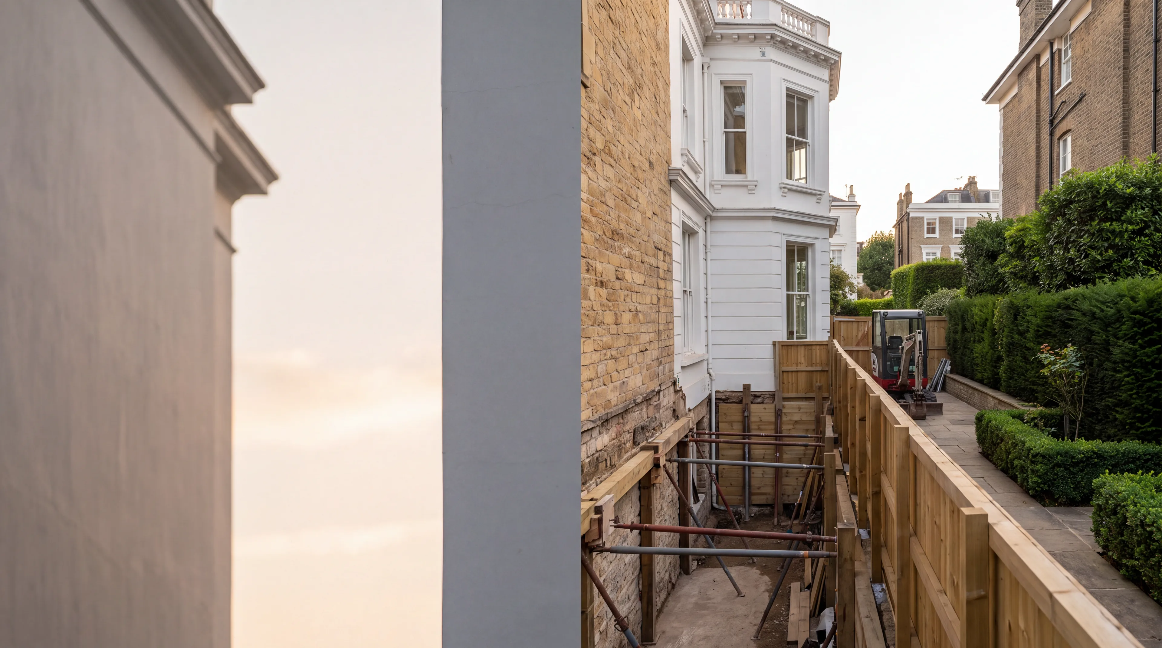 A basement excavation underway beside an adjoining property, with temporary propping in place.