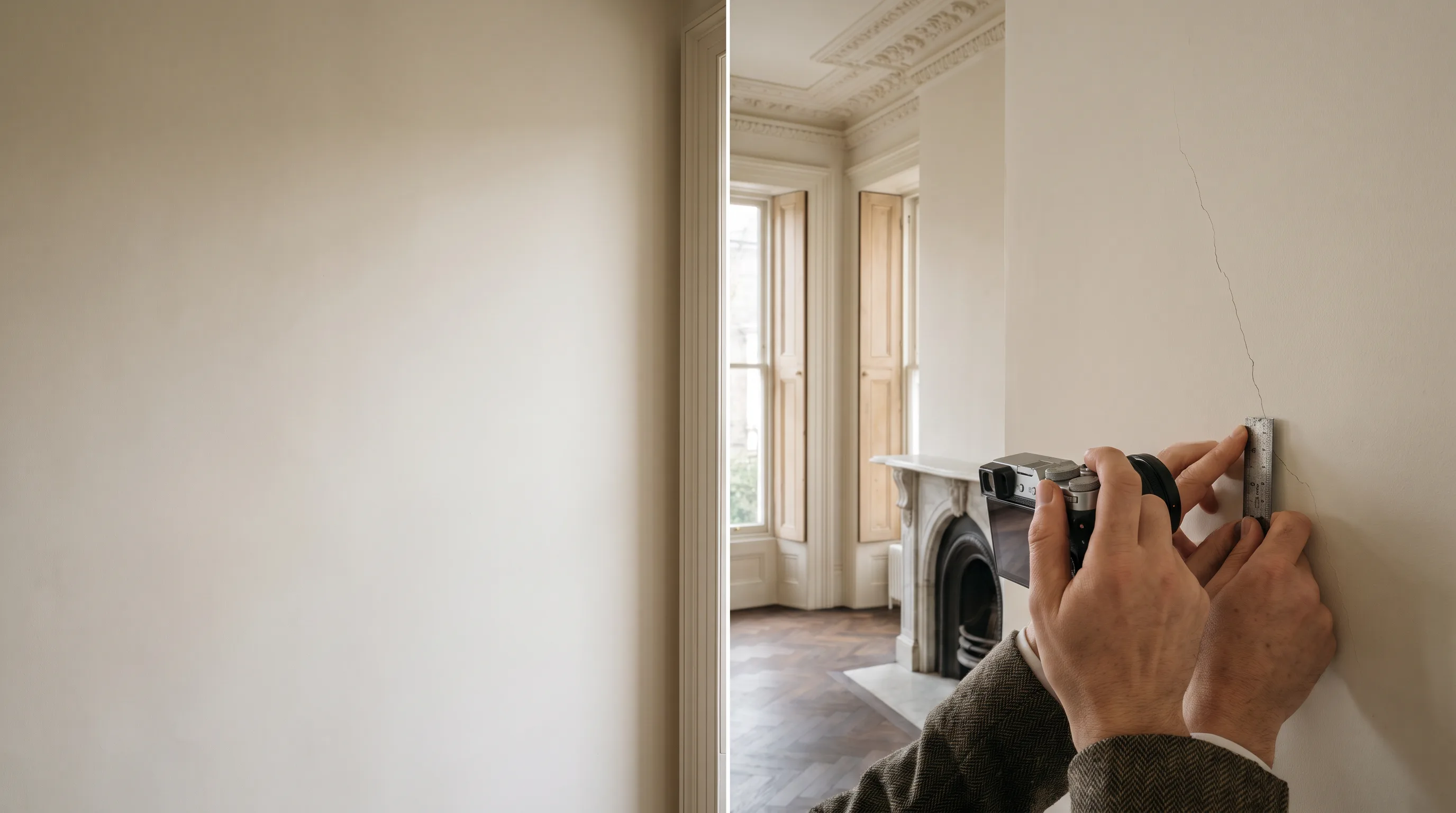 A surveyor photographing an interior wall as part of a schedule of condition.