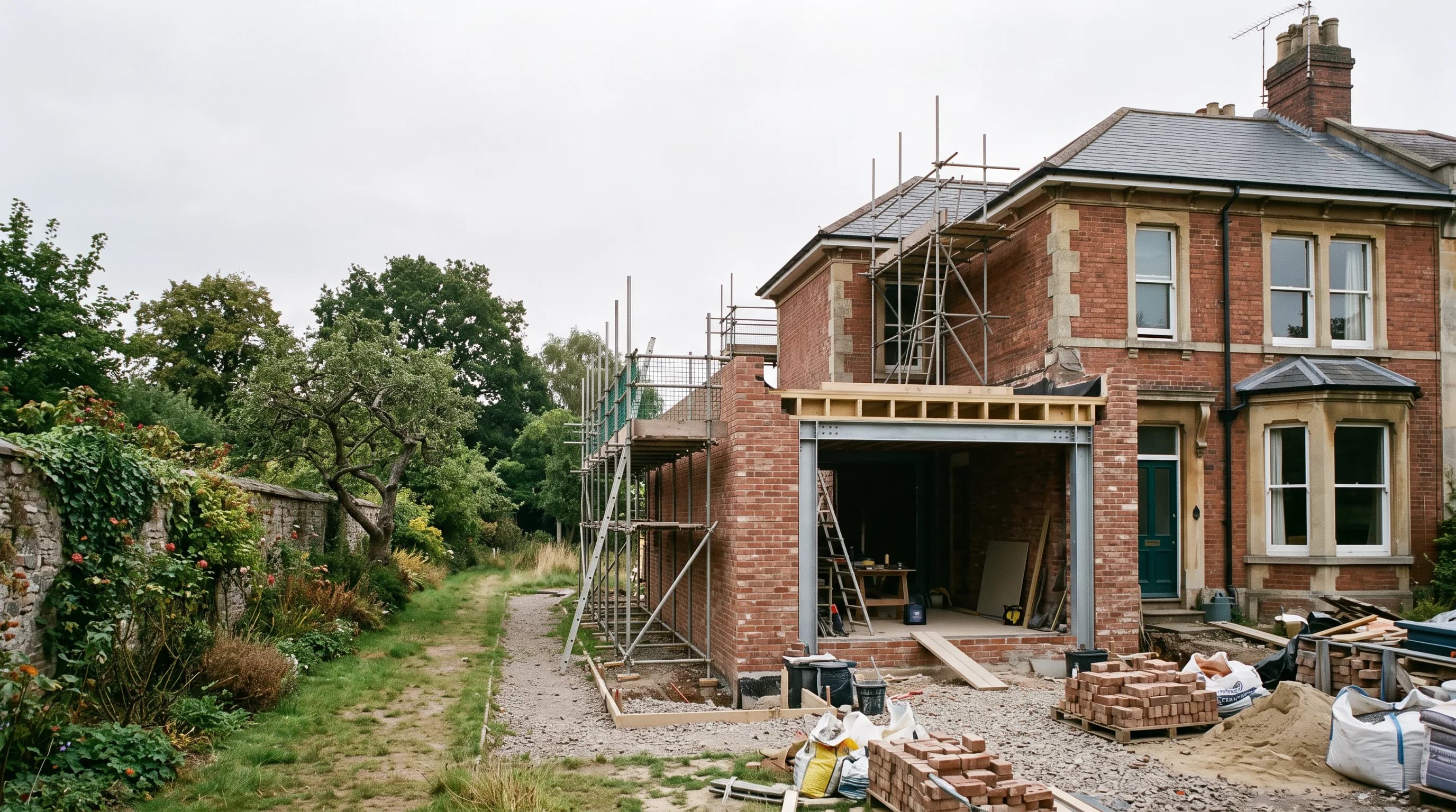 A rear extension under construction against a shared party wall.