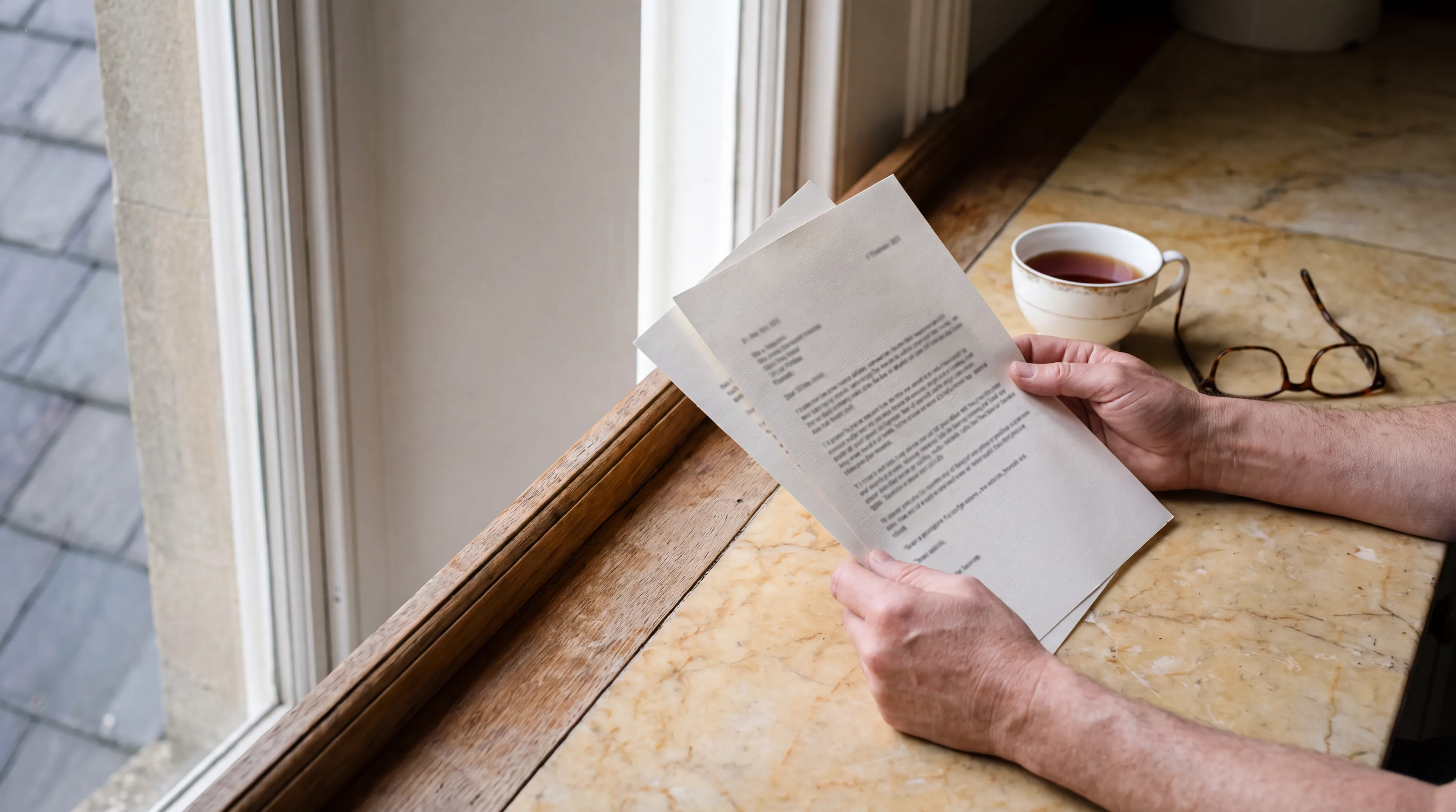 A homeowner reading a party wall notice at a kitchen table.